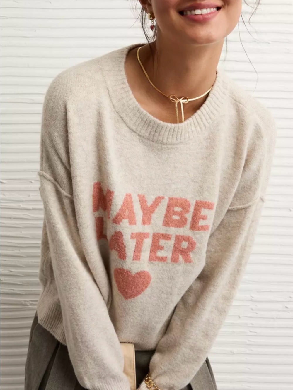 American Eagle Outfitters Cream Crewneck Sweater with Pink Text